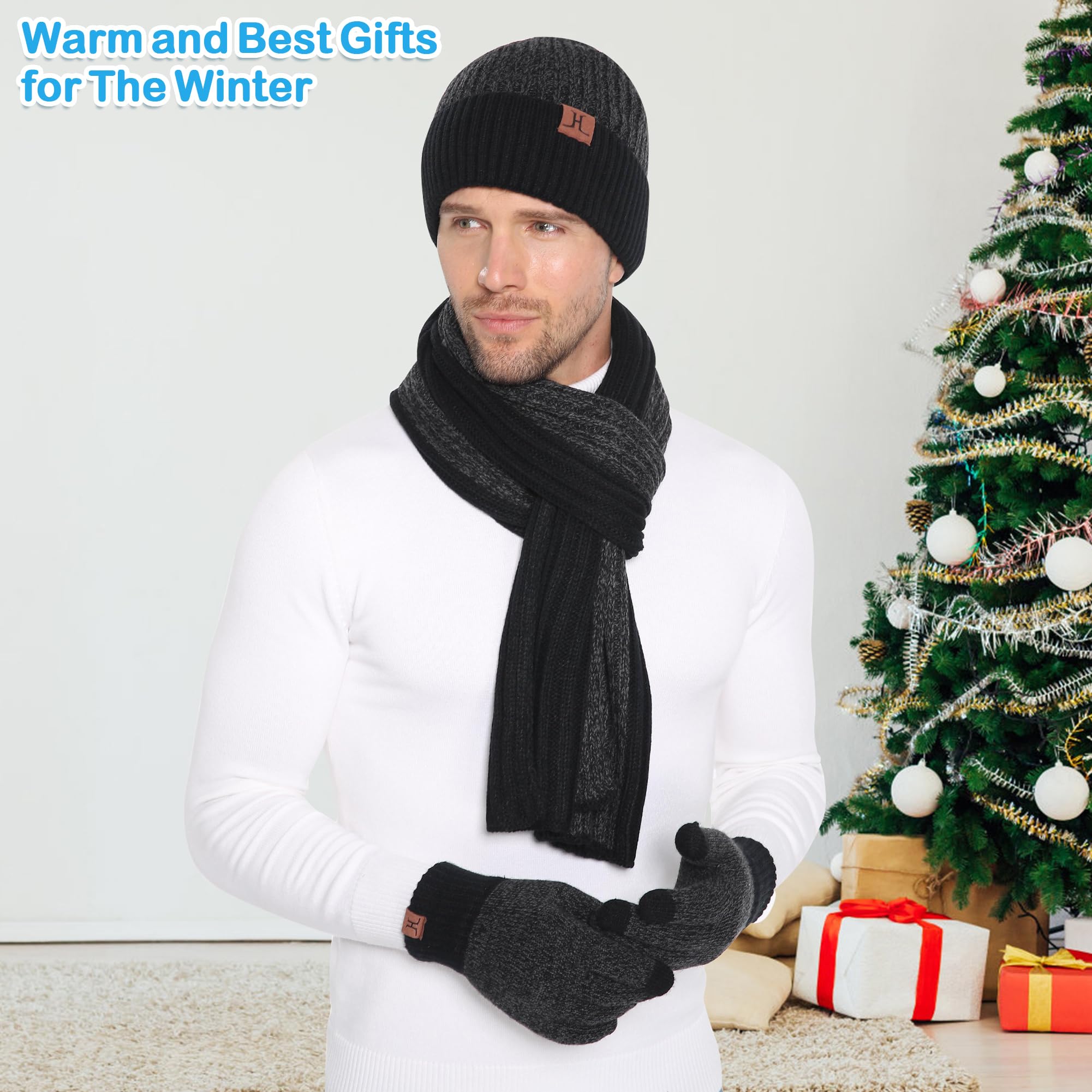 Mens & Womens Winter Knit Hat Beanie Long Neck Scarf Touchscreen Gloves Set Skull Cap with Fleece Lined Gifts for Men Women