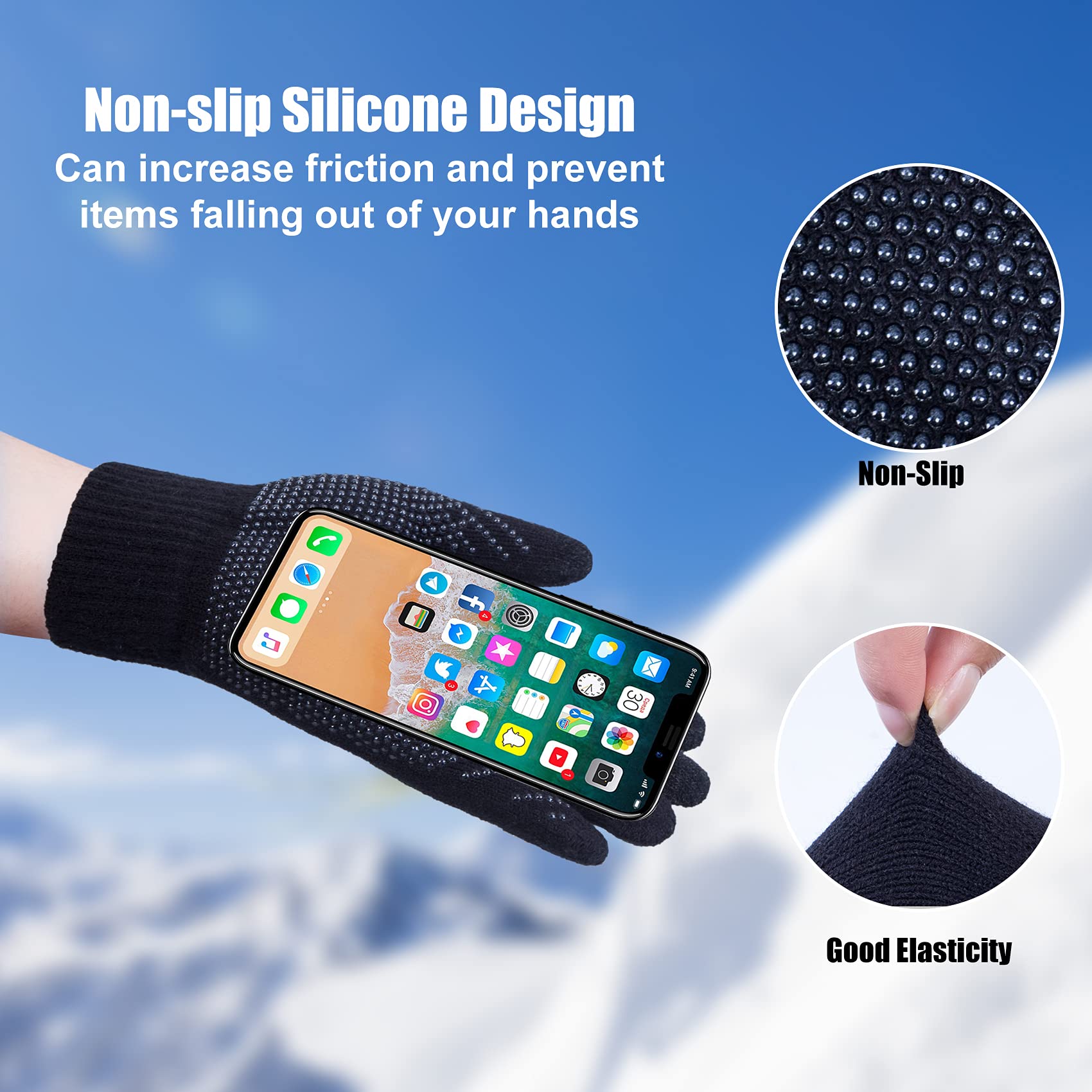 3-Pieces Winter Hat Gloves Scarf Set, Knit Warm Beanie Hat Neck Warmer Touch Screen Mittens for Women, Black