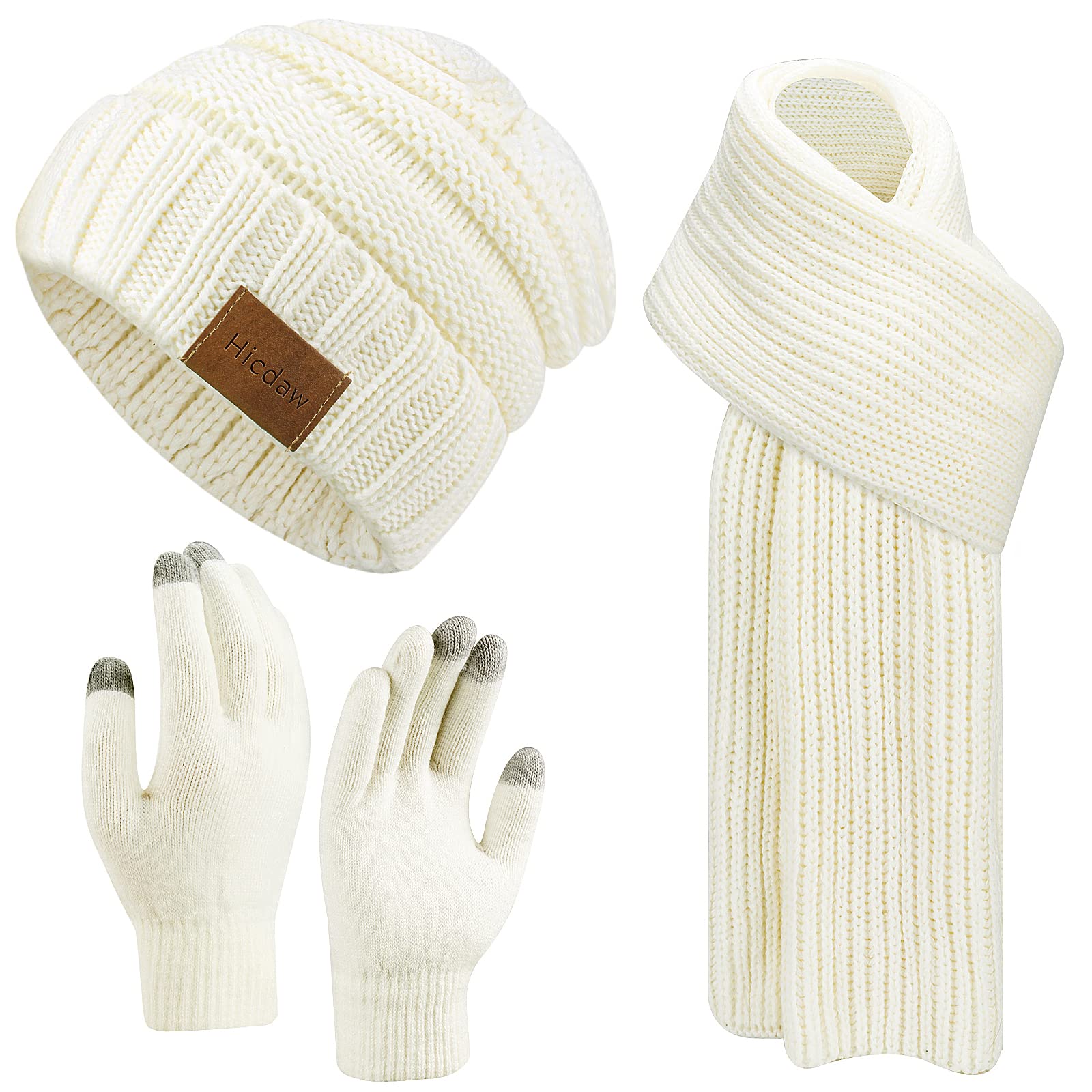 Hicdaw Womens Winter Hat Gloves Scarf Set, Beanie Hat Womens Winter Warm Sets Long Scarf Touchscreen Gloves with Fleece Lined Warm Knitted Hat White