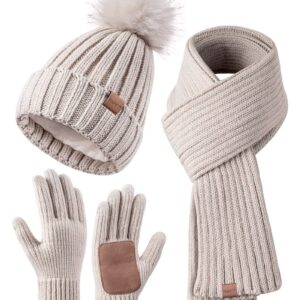Womens Fleece Lined Winter Hat, Scarf and Glove Set - With Pom Pom Beanie, Long Scarf and Touchscreen Gloves (Oatmeal)