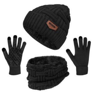 3-Pieces Winter Beanie Hat Scarf and Touch Screen Gloves Set Warm Knit Skull Cap Gifts for Men Women,Black