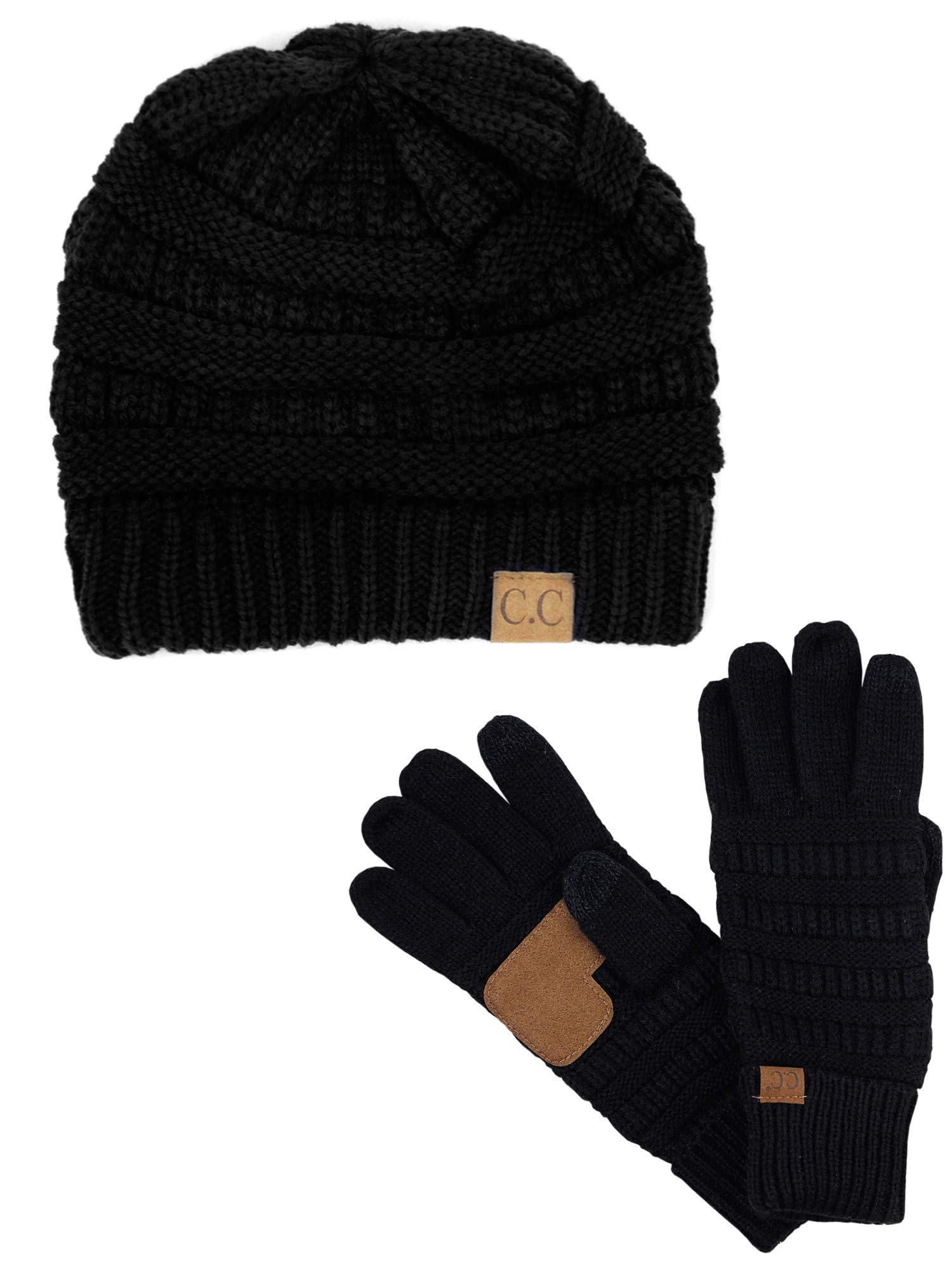 C.C Unisex Soft Stretch Cable Knit Beanie and Anti-Slip Touchscreen Gloves 2 Pc Set, Black