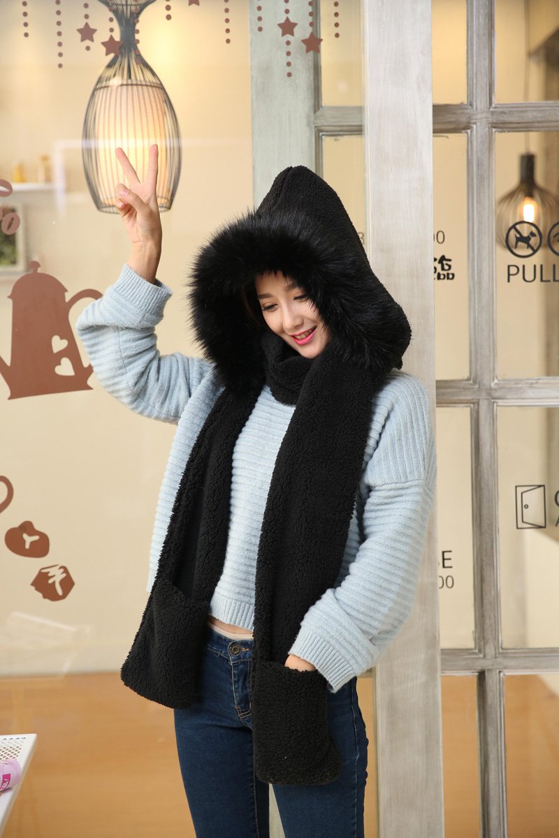 Winter Warm Women Hoodie Hat/Scarf/Gloves Set Soft Plush Thick Warm Hat