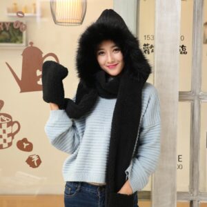 Winter Warm Women Hoodie Hat/Scarf/Gloves Set Soft Plush Thick Warm Hat