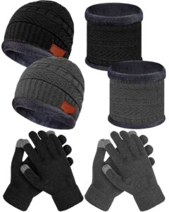 6 pcs men womens winter hat glove scarf sets beanie scarf touchscreen gloves knit skull cap fleece neck warm scarf mitten (black, gray)