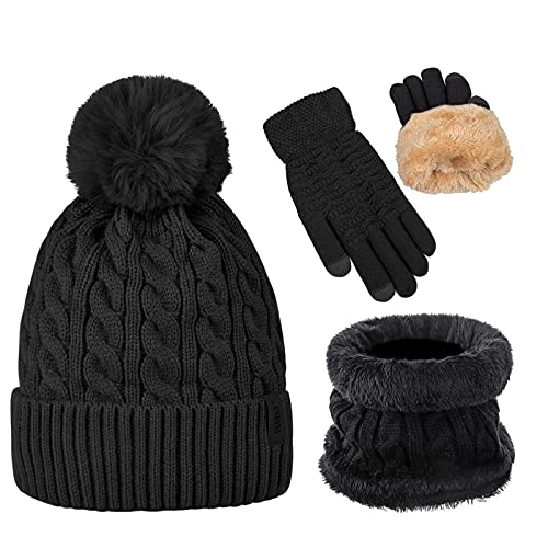 Womens Winter Beanie Hat Scarf and Gloves Set Girls Cable Beanies with Pompom Infinity Scarf Knitted Touch Screen Gloves Sets Ladies Black Knit Thick Warm Soft Fleece Lined Thermal Cap