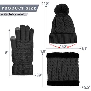 Womens Winter Beanie Hat Scarf and Gloves Set Girls Cable Beanies with Pompom Infinity Scarf Knitted Touch Screen Gloves Sets Ladies Black Knit Thick Warm Soft Fleece Lined Thermal Cap