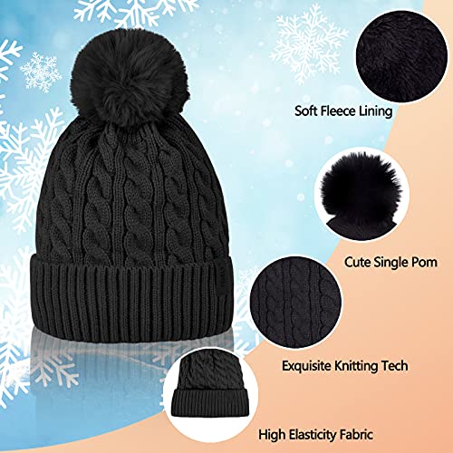 Womens Winter Beanie Hat Scarf and Gloves Set Girls Cable Beanies with Pompom Infinity Scarf Knitted Touch Screen Gloves Sets Ladies Black Knit Thick Warm Soft Fleece Lined Thermal Cap