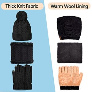 Womens Winter Beanie Hat Scarf and Gloves Set Girls Cable Beanies with Pompom Infinity Scarf Knitted Touch Screen Gloves Sets Ladies Black Knit Thick Warm Soft Fleece Lined Thermal Cap