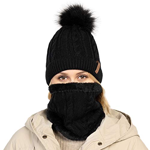 Womens Winter Beanie Hat Scarf and Gloves Set Girls Cable Beanies with Pompom Infinity Scarf Knitted Touch Screen Gloves Sets Ladies Black Knit Thick Warm Soft Fleece Lined Thermal Cap