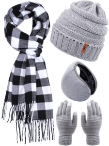 aneco winter warm knitted sets buffalo plaid scarf beanie hat touch screen gloves and winter ear warmer set for men or women