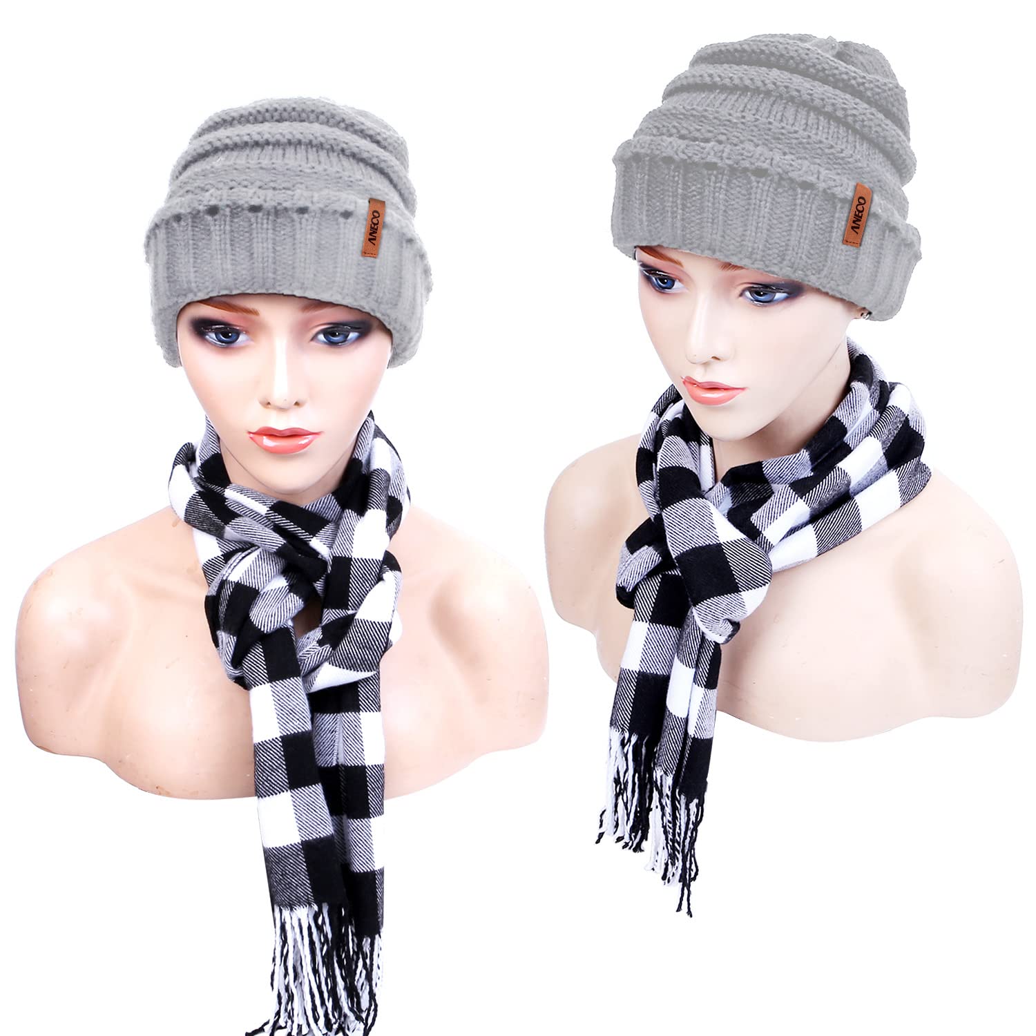 Aneco Winter Warm Knitted Sets Buffalo Plaid Scarf Beanie Hat Touch Screen Gloves and Winter Ear Warmer Set for Men or Women