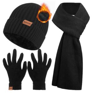 3PCS Winter Beanie Hat Scarf Touchscreen Gloves Set for Men and Women, Knitted Fleece Lined Hats Thermal Gloves Long Scarf(Black)