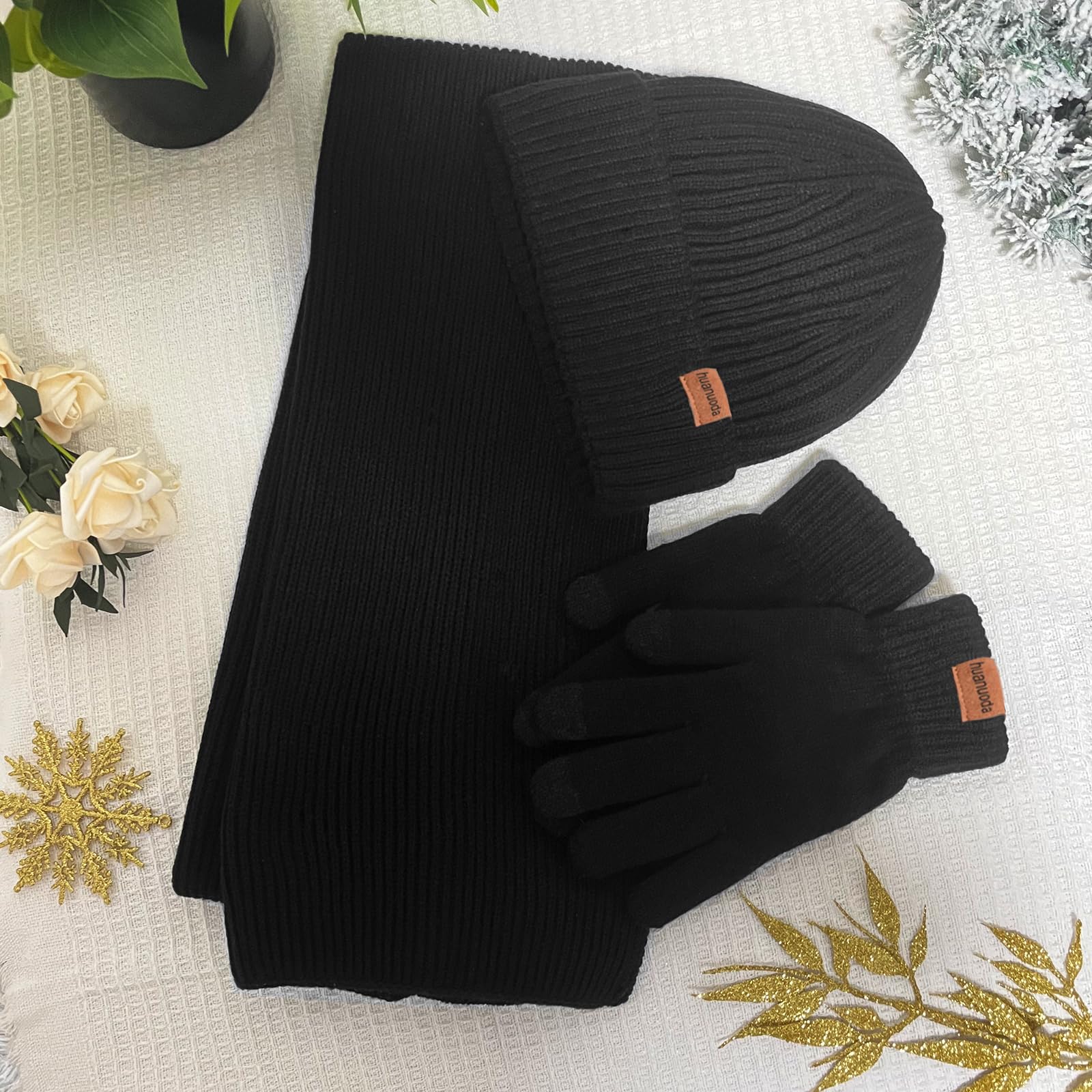 3PCS Winter Beanie Hat Scarf Touchscreen Gloves Set for Men and Women, Knitted Fleece Lined Hats Thermal Gloves Long Scarf(Black)