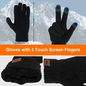 3PCS Winter Beanie Hat Scarf Touchscreen Gloves Set for Men and Women, Knitted Fleece Lined Hats Thermal Gloves Long Scarf(Black)