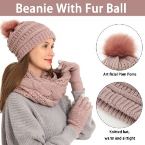 Double Couple 3pcs Winter Beanie Hat Scarf and Touch Screen Gloves Set for Women Knit Hat with Faux Fur Ball Scarves Glove Pink