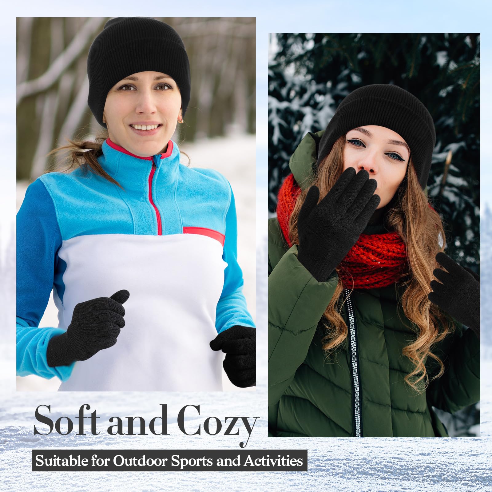 2 Pcs Shiny Match Winter Beanie Hat Gloves Set, Soft Knitted Hat Stretchy Gloves Warm Skull Cap Set for Women Men Gifts (Black)