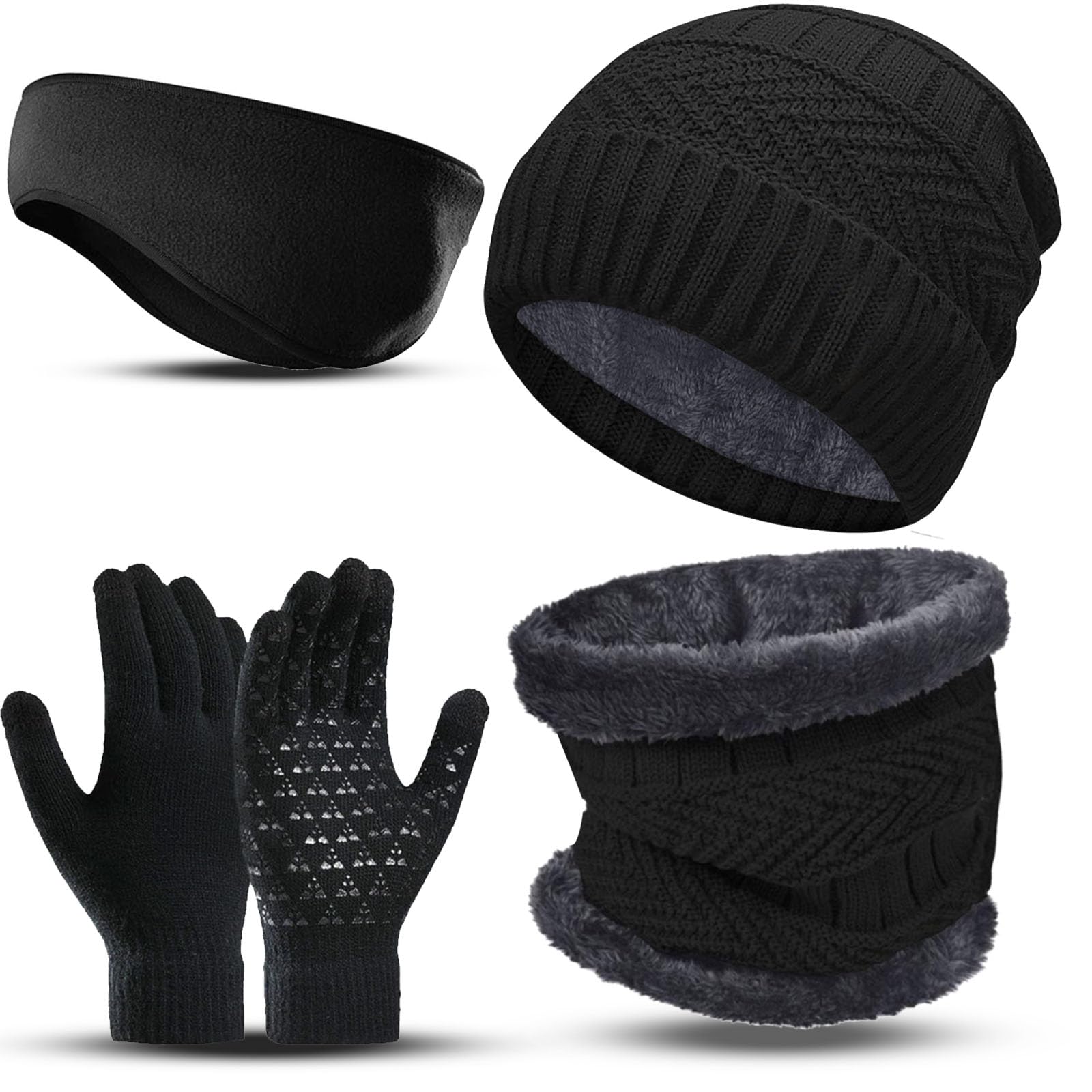 Winter Beanie Hat Scarf Gloves Set for Men Women,Fleece Beanie Hat,Fleece Scarf,Warmer Gloves and Ear Warmer Headband
