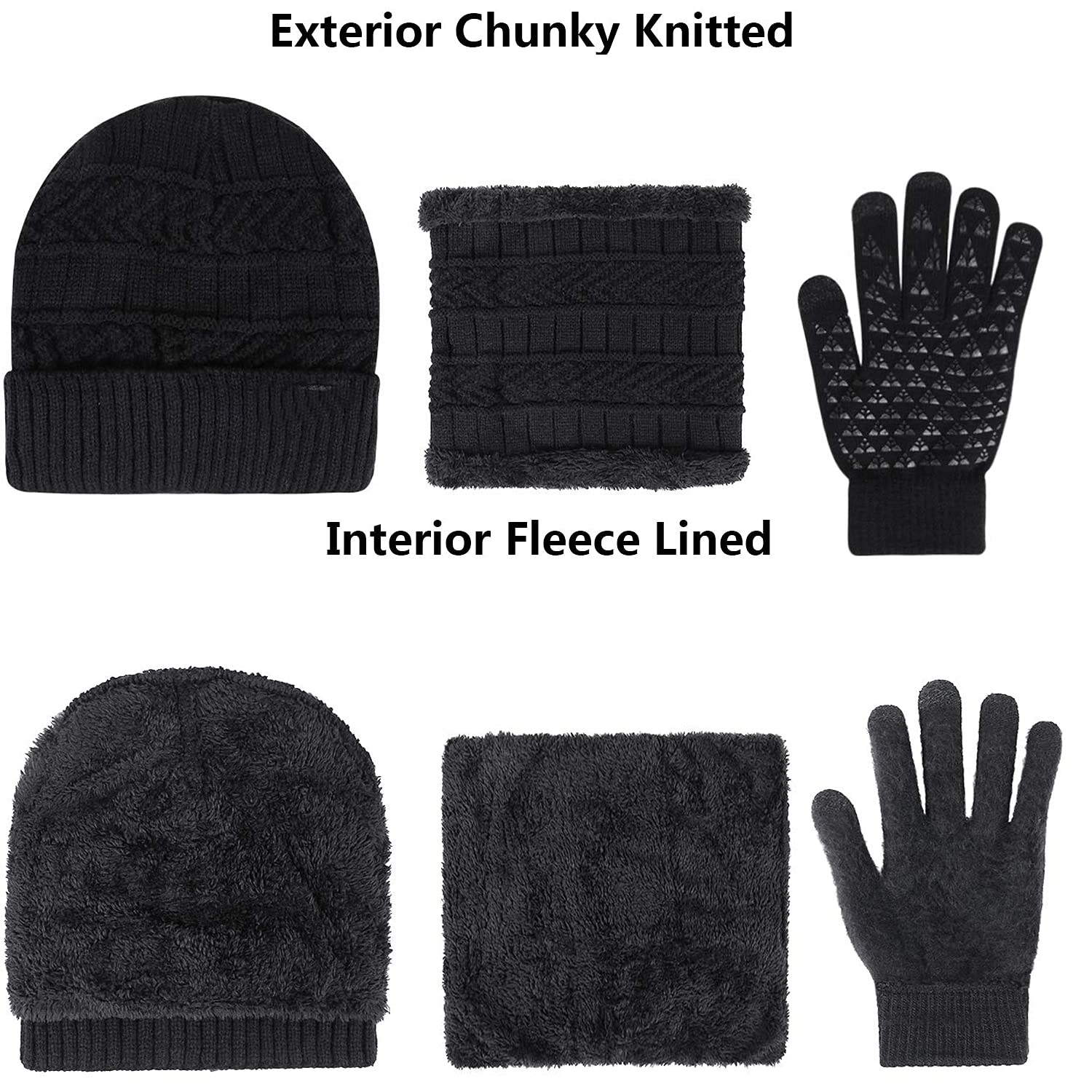 Winter Beanie Hat Scarf Gloves Set for Men Women,Fleece Beanie Hat,Fleece Scarf,Warmer Gloves and Ear Warmer Headband