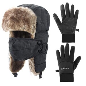 2 Pcs Winter Hat and Golves Set Include Knit Plush Lined Trapper Hat and Windproof and Waterproof Ski Unisex Gloves for women (Black)