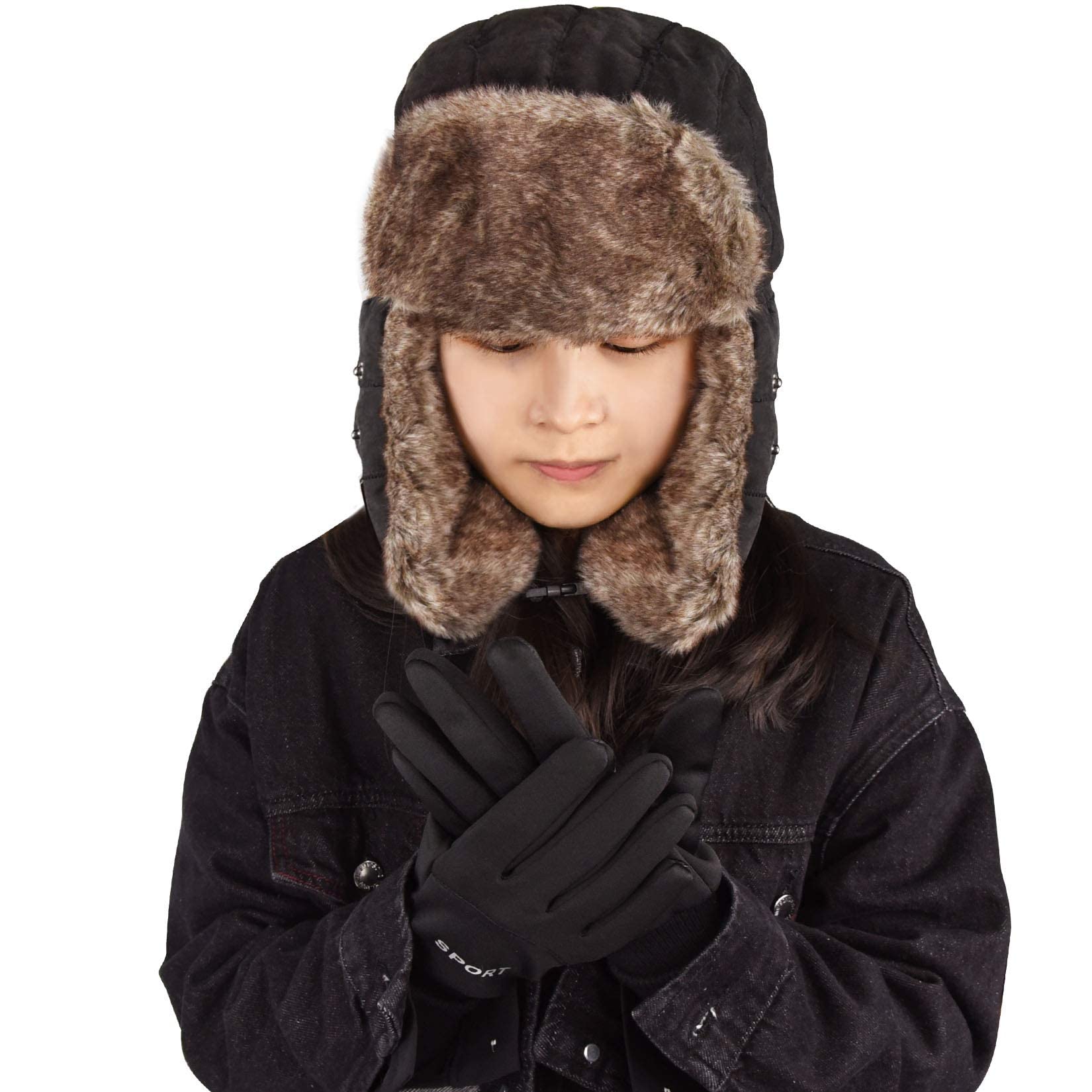 2 Pcs Winter Hat and Golves Set Include Knit Plush Lined Trapper Hat and Windproof and Waterproof Ski Unisex Gloves for women (Black)
