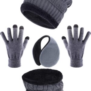 Tatuo 4 Pcs Winter Hat and Gloves Set for Men and Women and Kids Ski Warm Fleece Knit Beanie Hat Warmer Scarf Earmuff(Grey)