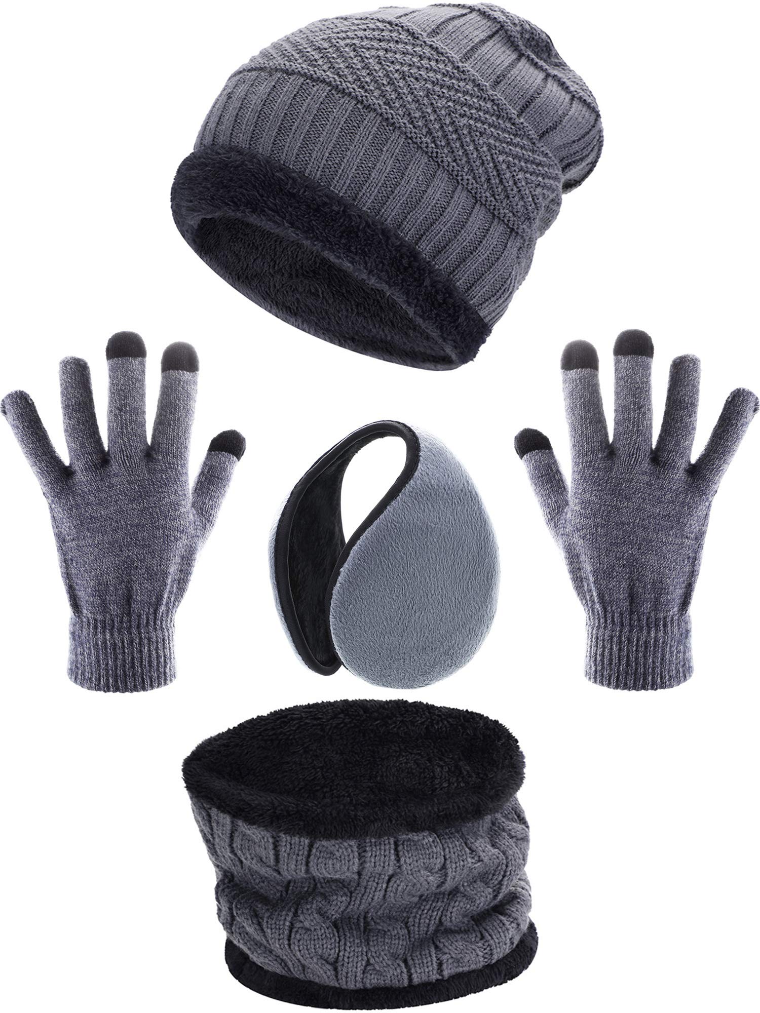 Tatuo 4 Pcs Winter Hat and Gloves Set for Men and Women and Kids Ski Warm Fleece Knit Beanie Hat Warmer Scarf Earmuff(Grey)