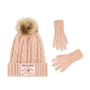 true religion beanie hat and touchscreen glove set, winter knit cap with cable faux fur pom and touch screen mittens, coral, one size