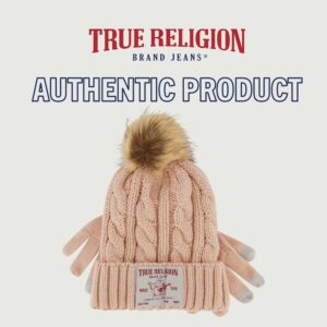 True Religion Beanie Hat and Touchscreen Glove Set, Winter Knit Cap with Cable Faux Fur Pom and Touch Screen Mittens, Coral, One Size