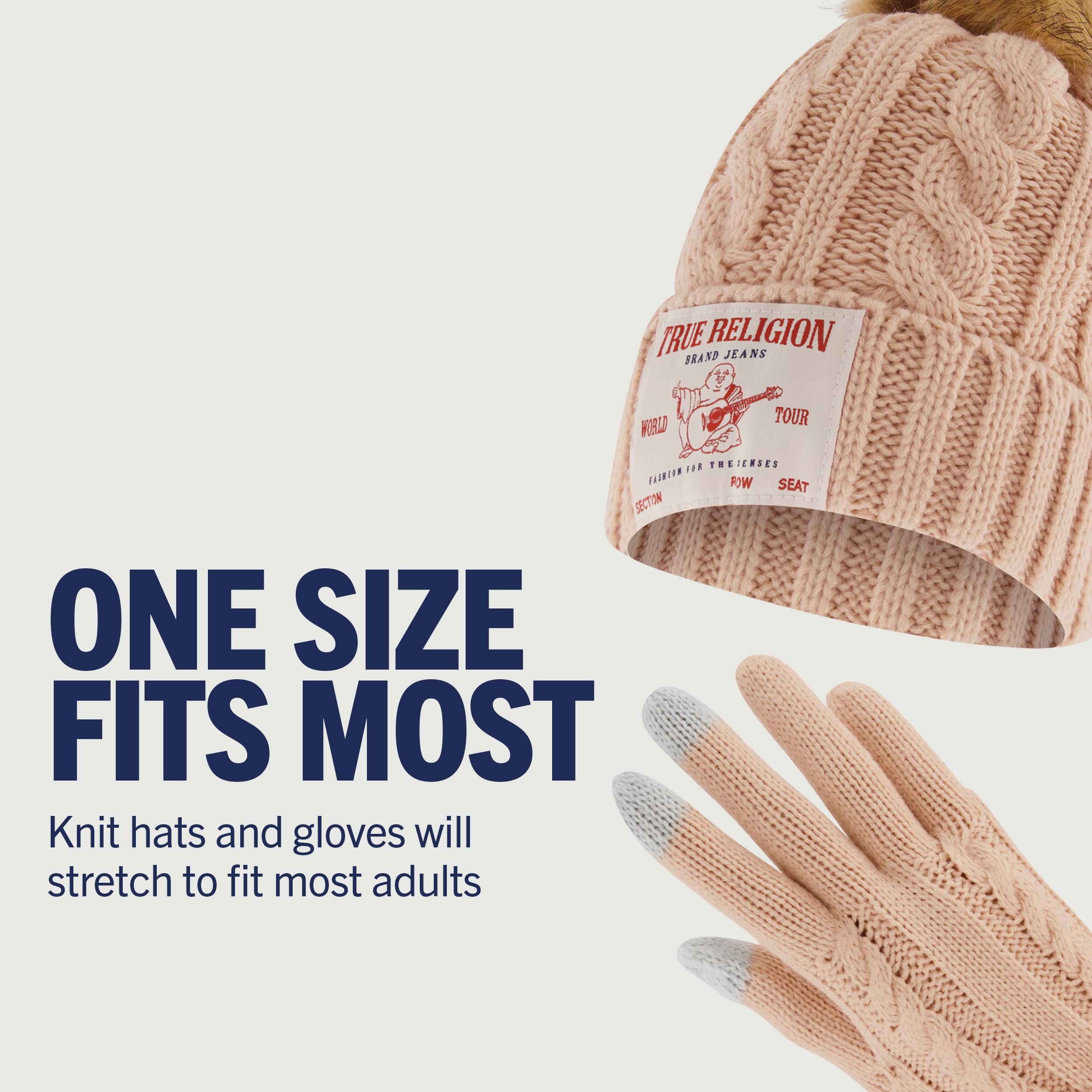 True Religion Beanie Hat and Touchscreen Glove Set, Winter Knit Cap with Cable Faux Fur Pom and Touch Screen Mittens, Coral, One Size