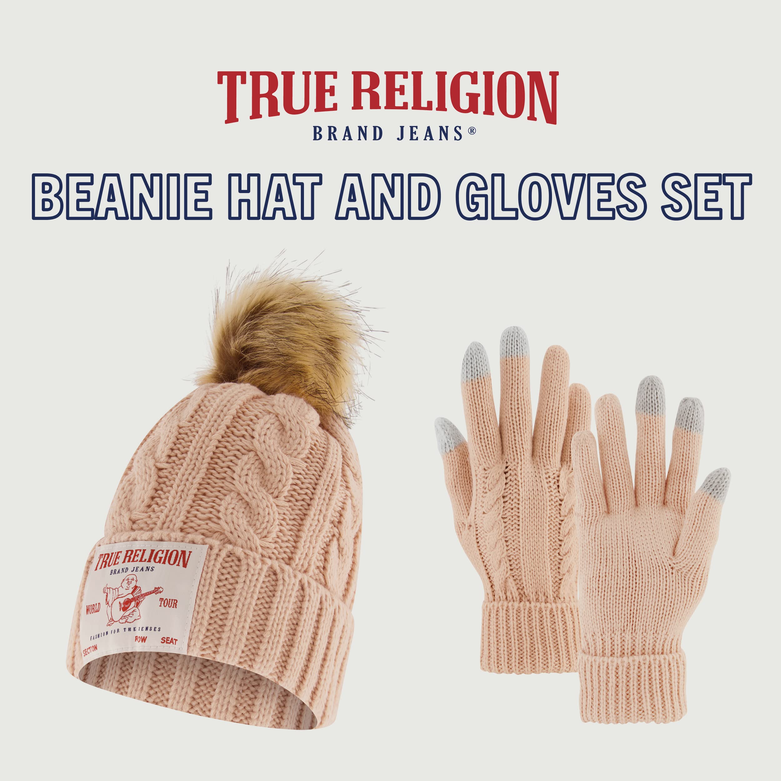 True Religion Beanie Hat and Touchscreen Glove Set, Winter Knit Cap with Cable Faux Fur Pom and Touch Screen Mittens, Coral, One Size