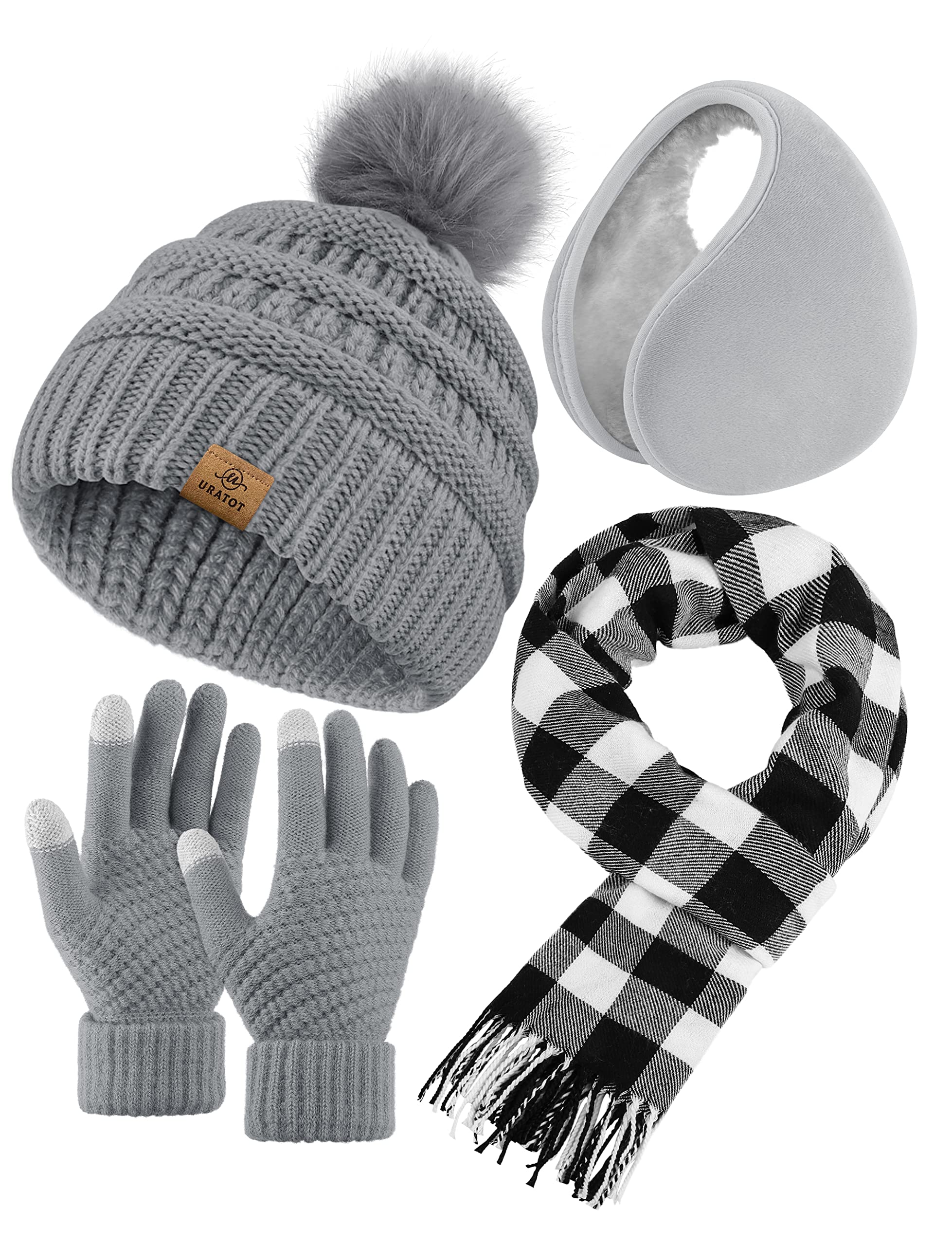 URATOT Beanie Hat Scarf Gloves 4 in 1 Winter Set Knitted Scarf Hat Touch Screen Gloves and Winter Ear Warmer for Unisex