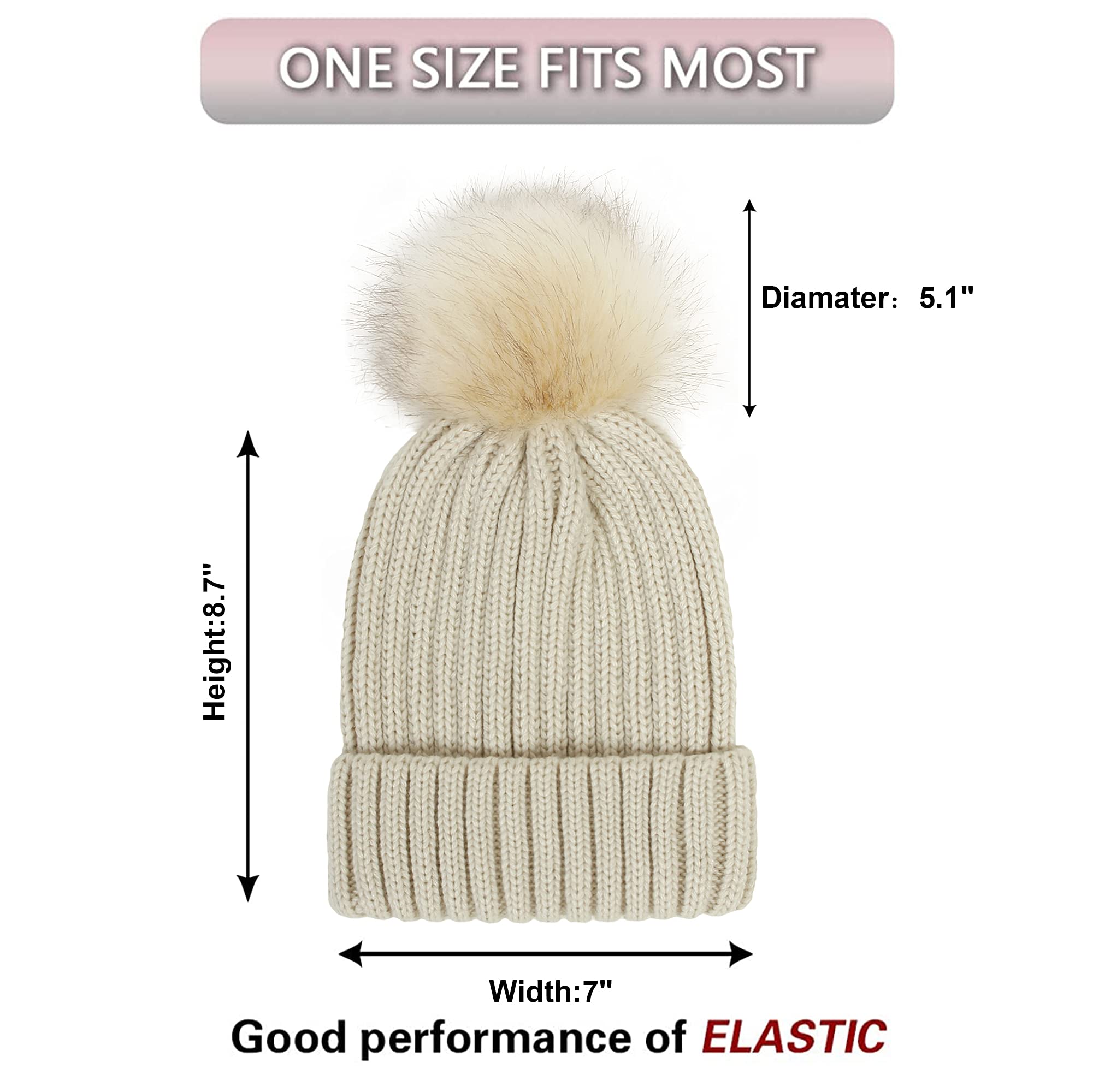 Muryobao 2 Pcs Womens Winter Knitted Beanie Hat Touch Screen Gloves Set Warm Knit Cuffed Skull Cap with Faux Fur Pom Beige