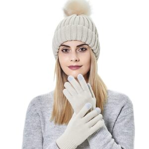 Muryobao 2 Pcs Womens Winter Knitted Beanie Hat Touch Screen Gloves Set Warm Knit Cuffed Skull Cap with Faux Fur Pom Beige