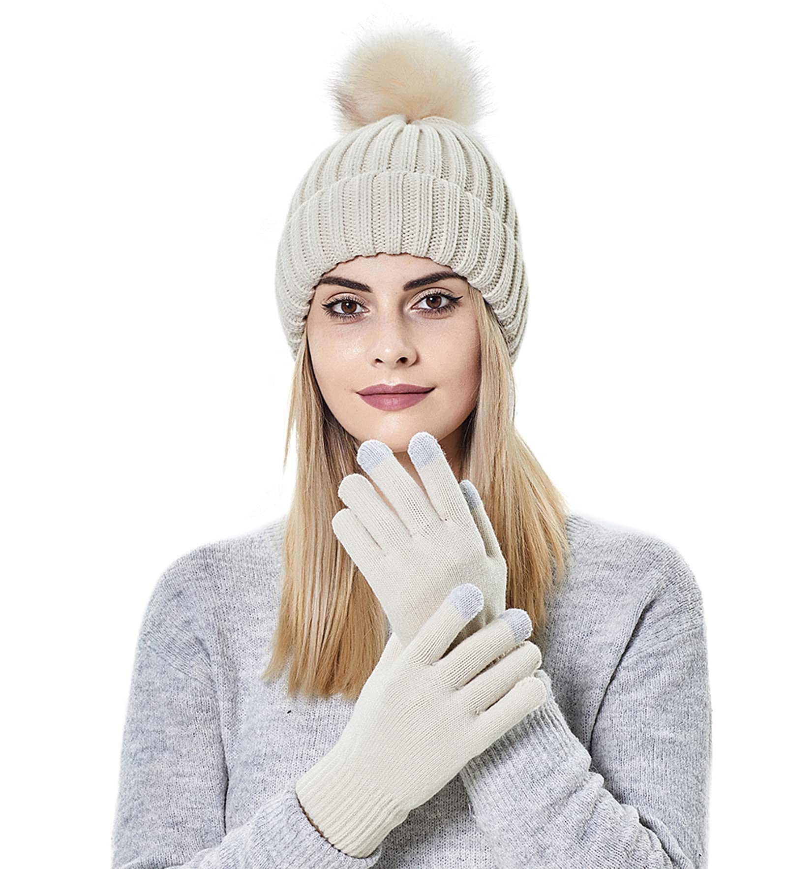 Muryobao 2 Pcs Womens Winter Knitted Beanie Hat Touch Screen Gloves Set Warm Knit Cuffed Skull Cap with Faux Fur Pom Beige