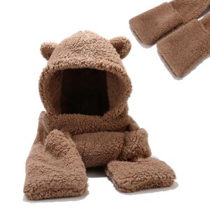 umeepar winter bear ear sherpa hood hat scarf gloves 3 in 1 hooded scarf for women men (brown)