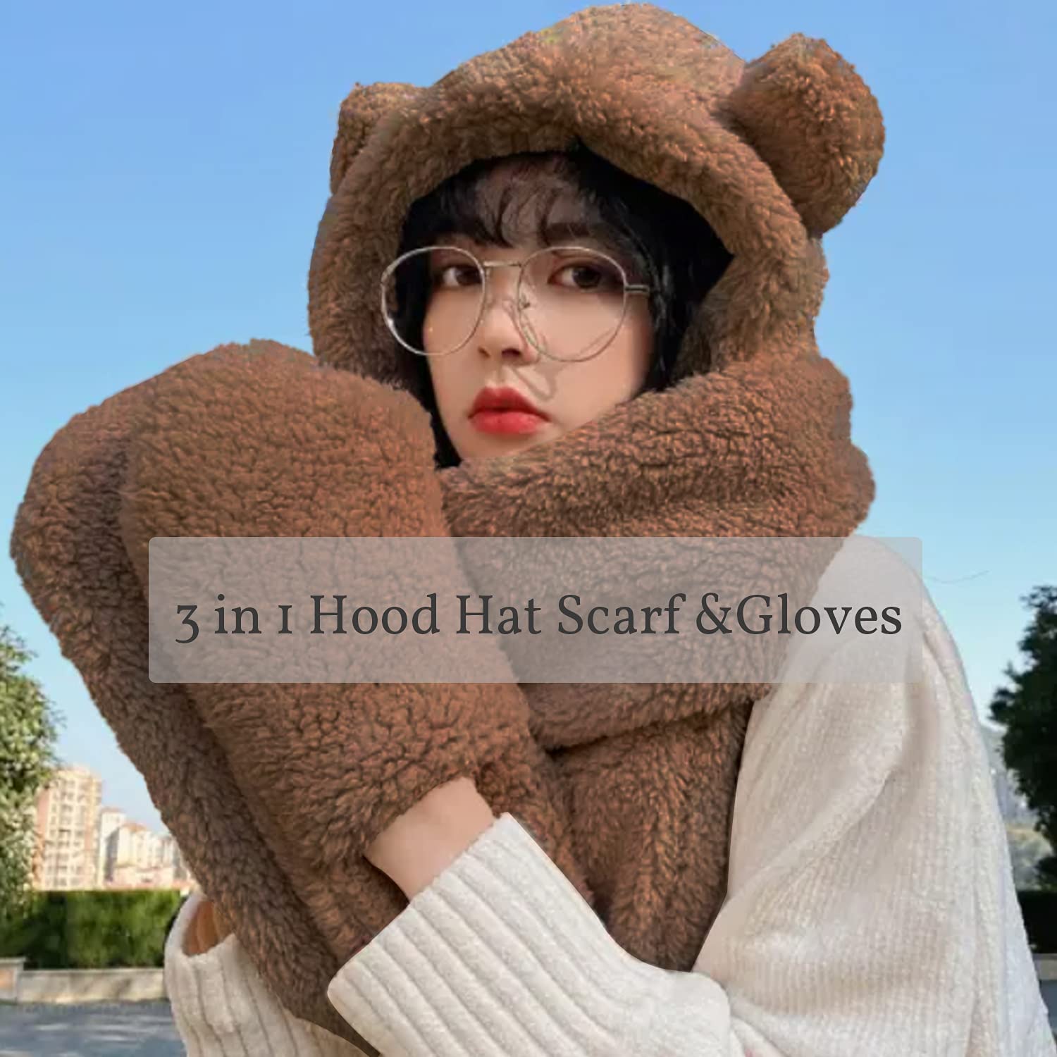 Umeepar Winter Bear Ear Sherpa Hood Hat Scarf Gloves 3 in 1 Hooded Scarf for Women Men (Brown)