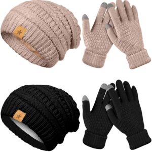 Suhine 4 Pcs Winter Hat and Gloves for Women Slouchy Beanie Hats Knitted Touchscreen Gloves Warm Winter Sets for Women Girls (Black, Caramel)