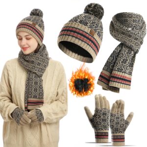 Winter Hat Winter Scarf Touch Screen Winter Gloves Set with for Women,Beanie Hat,Knit Cap Set(Khaki)