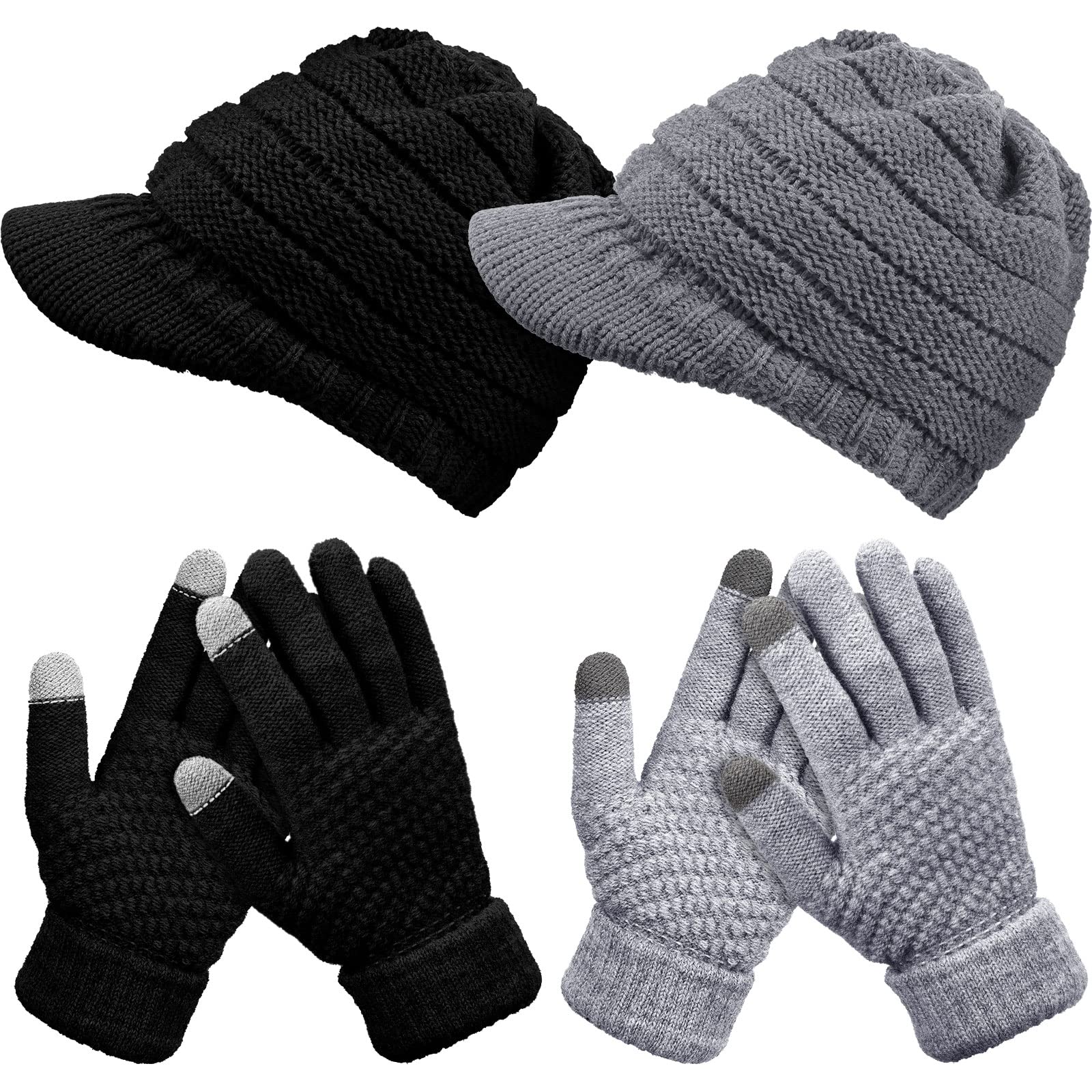 JaGely 2 Sets Winter Hats Gloves for Women Knit Beanie Slouchy Winter Brim Hat Women Touchscreen Glove Winter Beanie with Brim (Black, Gray)