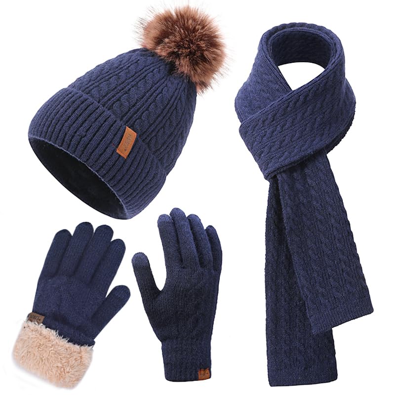 Womens Winter Beanie Hat Scarf and Gloves Set Girls Cable Beanies with Pompom Knitted Scarf Touch Screen Gloves Sets for Cold Weather Ladies Navy Blue Knit Thick Warm Soft Fleece Lined Thermal Cap