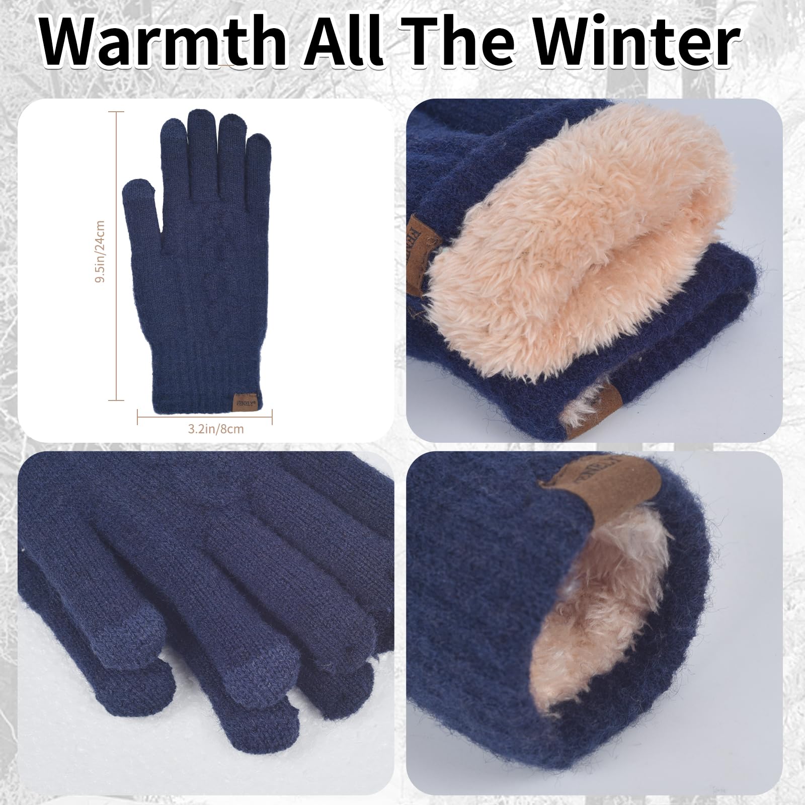 Womens Winter Beanie Hat Scarf and Gloves Set Girls Cable Beanies with Pompom Knitted Scarf Touch Screen Gloves Sets for Cold Weather Ladies Navy Blue Knit Thick Warm Soft Fleece Lined Thermal Cap