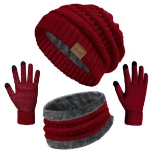 3 Pieces Winter Beanie Hat Scarf Touch Screen Gloves Set Thick Warm Knit Skull Cap Fleece Lined Scarves Gifts for Women,Z-X Wine Red Set