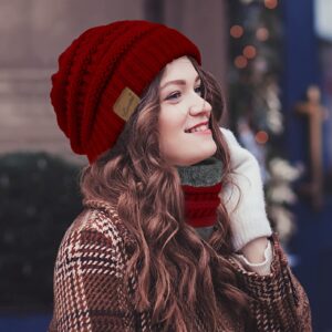 3 Pieces Winter Beanie Hat Scarf Touch Screen Gloves Set Thick Warm Knit Skull Cap Fleece Lined Scarves Gifts for Women,Z-X Wine Red Set