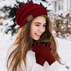 3 Pieces Winter Beanie Hat Scarf Touch Screen Gloves Set Thick Warm Knit Skull Cap Fleece Lined Scarves Gifts for Women,Z-X Wine Red Set