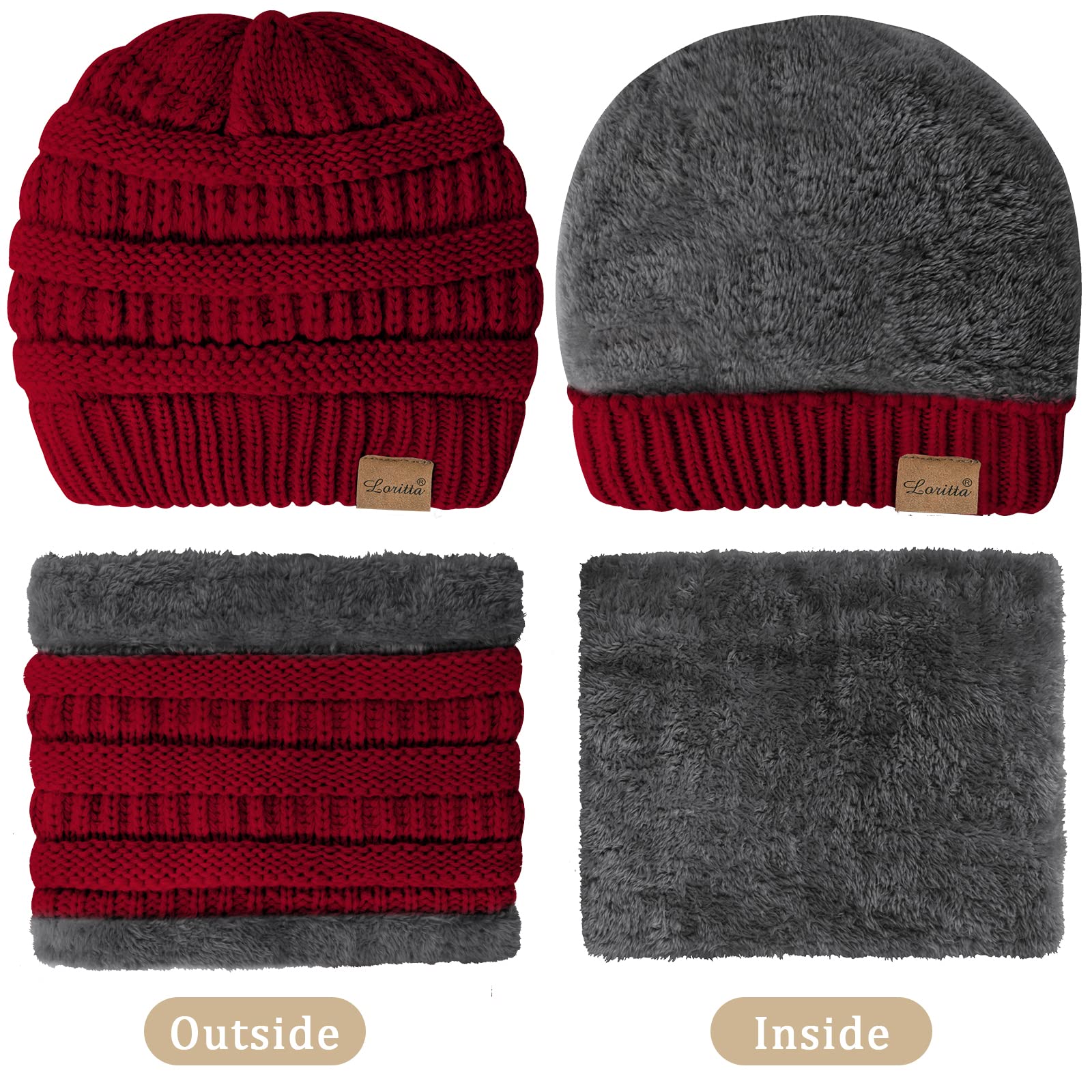 3 Pieces Winter Beanie Hat Scarf Touch Screen Gloves Set Thick Warm Knit Skull Cap Fleece Lined Scarves Gifts for Women,Z-X Wine Red Set