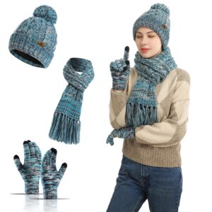 3 in 1 winter beanie hat neck warm scarf and touch screen gloves set for women and men,knit cap set