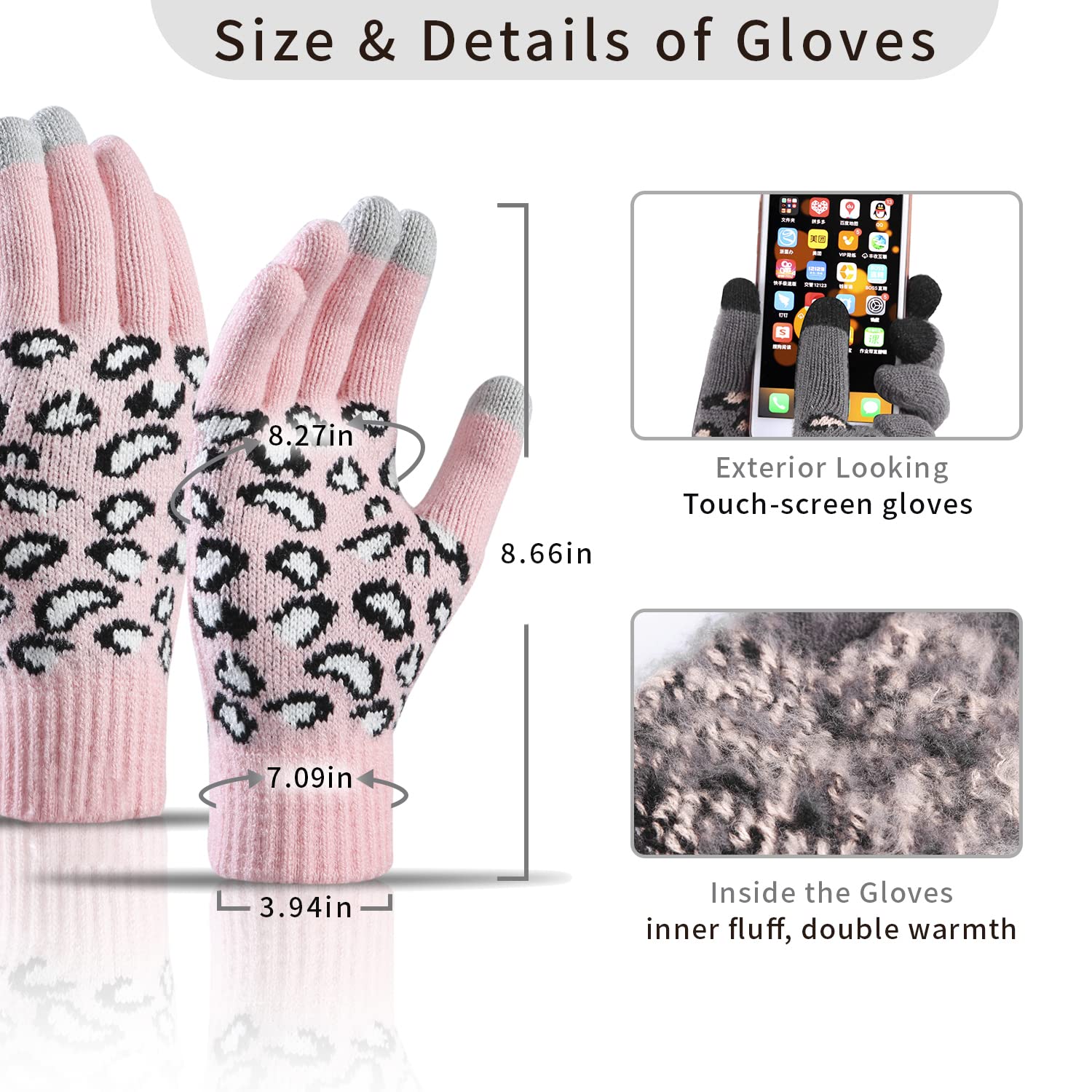 ecodudo 3 Pieces Beanie Hat Long Scarf Touch Screen Gloves Set Leopard Print Skull Cap with Pom Warm Acrylic Lined Scarf and Glove for Women (Pink)