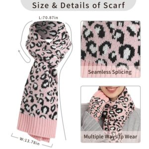 ecodudo 3 Pieces Beanie Hat Long Scarf Touch Screen Gloves Set Leopard Print Skull Cap with Pom Warm Acrylic Lined Scarf and Glove for Women (Pink)