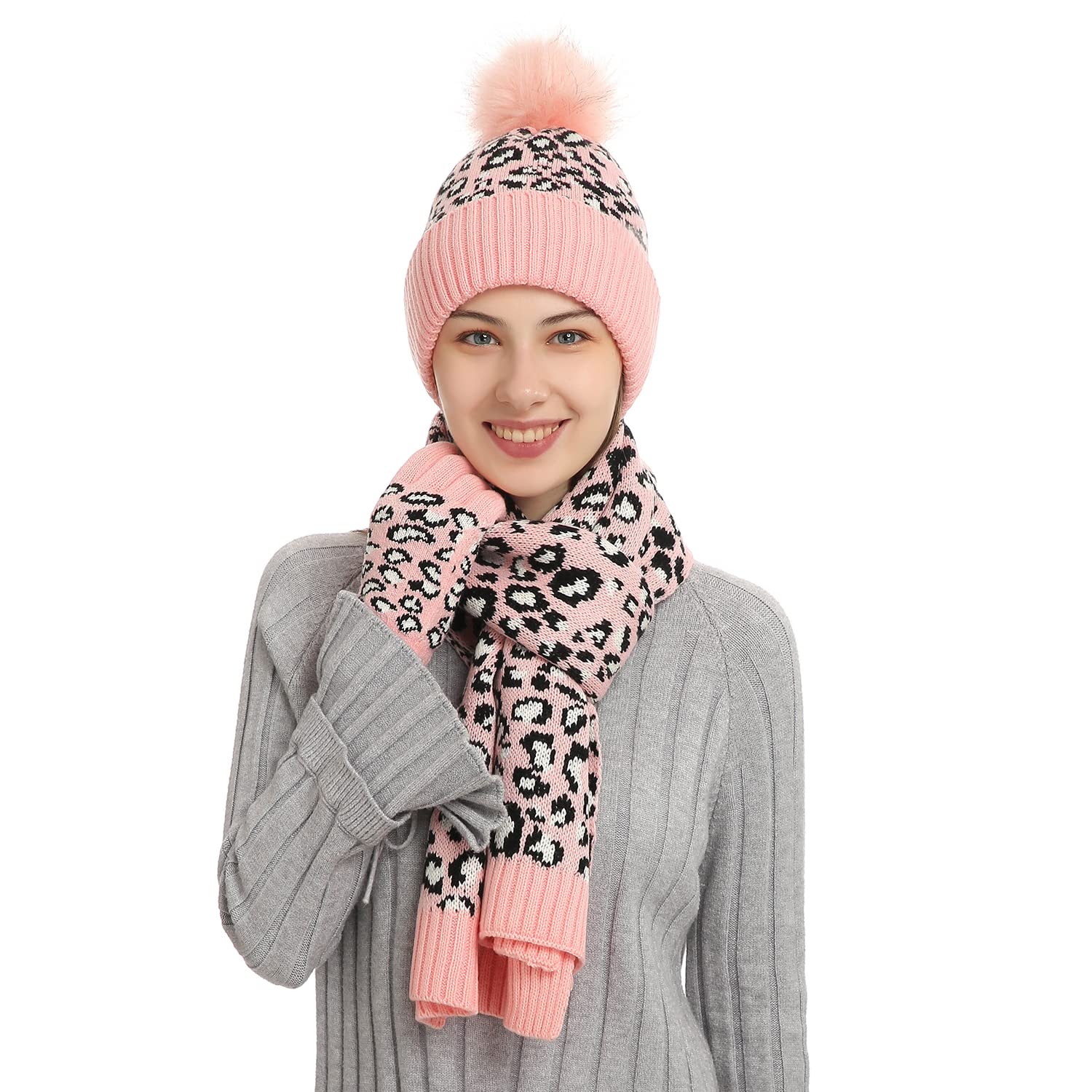 ecodudo 3 Pieces Beanie Hat Long Scarf Touch Screen Gloves Set Leopard Print Skull Cap with Pom Warm Acrylic Lined Scarf and Glove for Women (Pink)